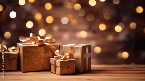 A beautifully arranged stack of Christmas gifts on a rustic wooden table, ready to bring joy and excitement to the holiday season