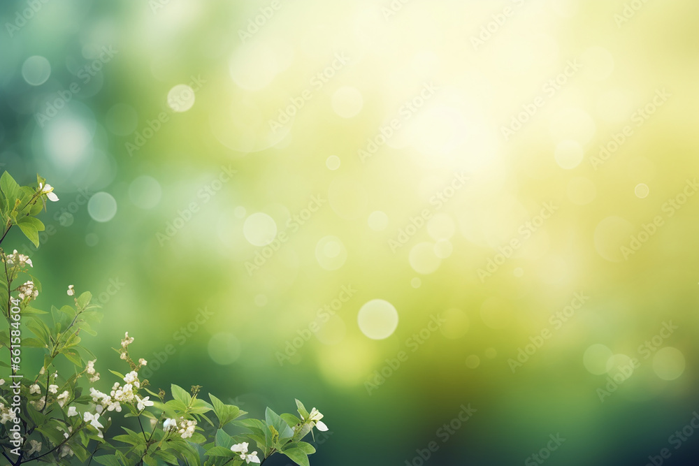 A green blurred background with spring flowers
