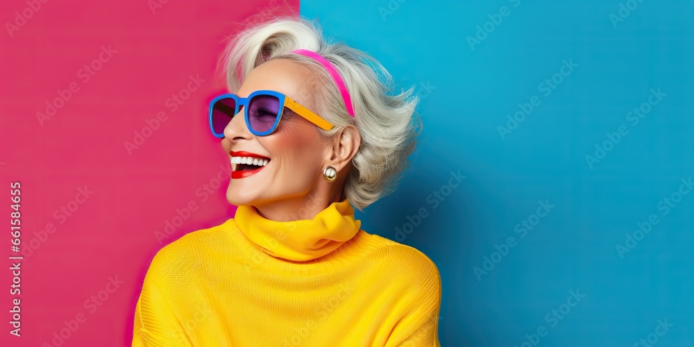 AI Generated. AI Generative. Mature old woman with sunglasses. Cute beautiful fashion decoration background in bright colors. Graphic Art AI Generated. AI Generative. Mature old woman with sunglasses. Cute beautiful fashion decoration background in bright colors. Graphic Art
