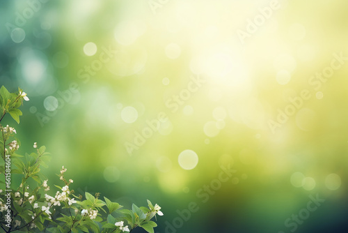 A green blurred background with spring flowers