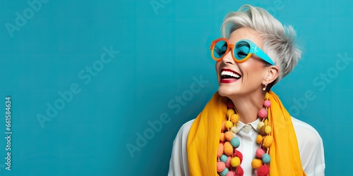 AI Generated. AI Generative. Mature old woman with sunglasses. Cute beautiful fashion decoration background in bright colors. Can be used for make up beauty industry