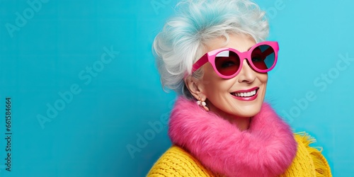 AI Generated. AI Generative. Mature old woman with sunglasses. Cute beautiful fashion decoration background in bright colors. Can be used for make up beauty industry