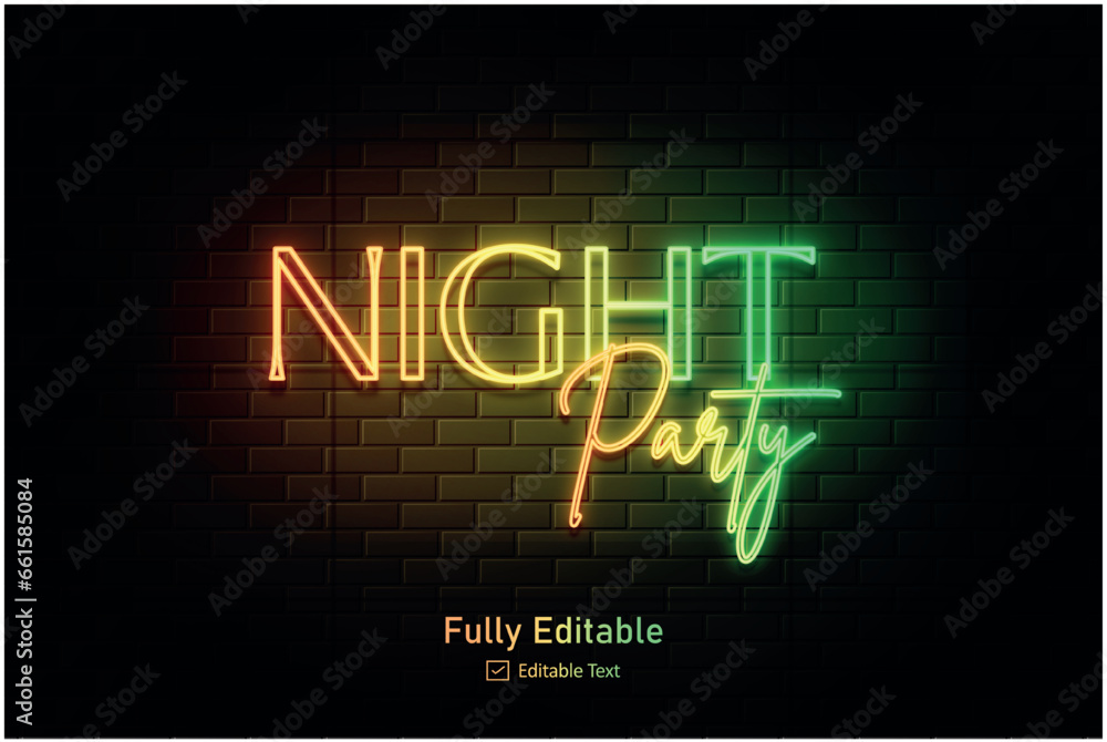 Fototapeta premium Vector neon effect logo for neon text effect and neon light night party editable text & font