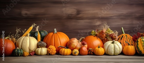 Vintage style autumn arrangement featuring assorted pumpkins on a wooden surface