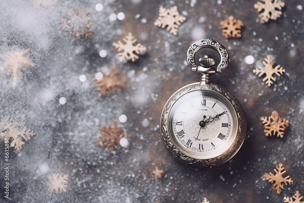 New Year's Eve composition. Vintage pocket watch, frosted berries, delicate fairy lights on snow - covered wood. Flat lay, top view. Copy space. Banner backdrop