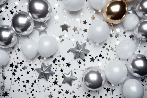 New Year's Eve composition. Star - shaped decorations, silver confetti, festive balloons on a glimmering platinum velvet. Flat lay, top view. Copy space. Banner backdrop