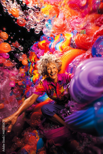 Mature woman in bikini among multicolored bubbles on purple background.