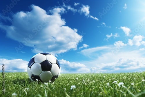 3D soccer ball on green grass and a blue sky with clouds. Generative AI © Maxim
