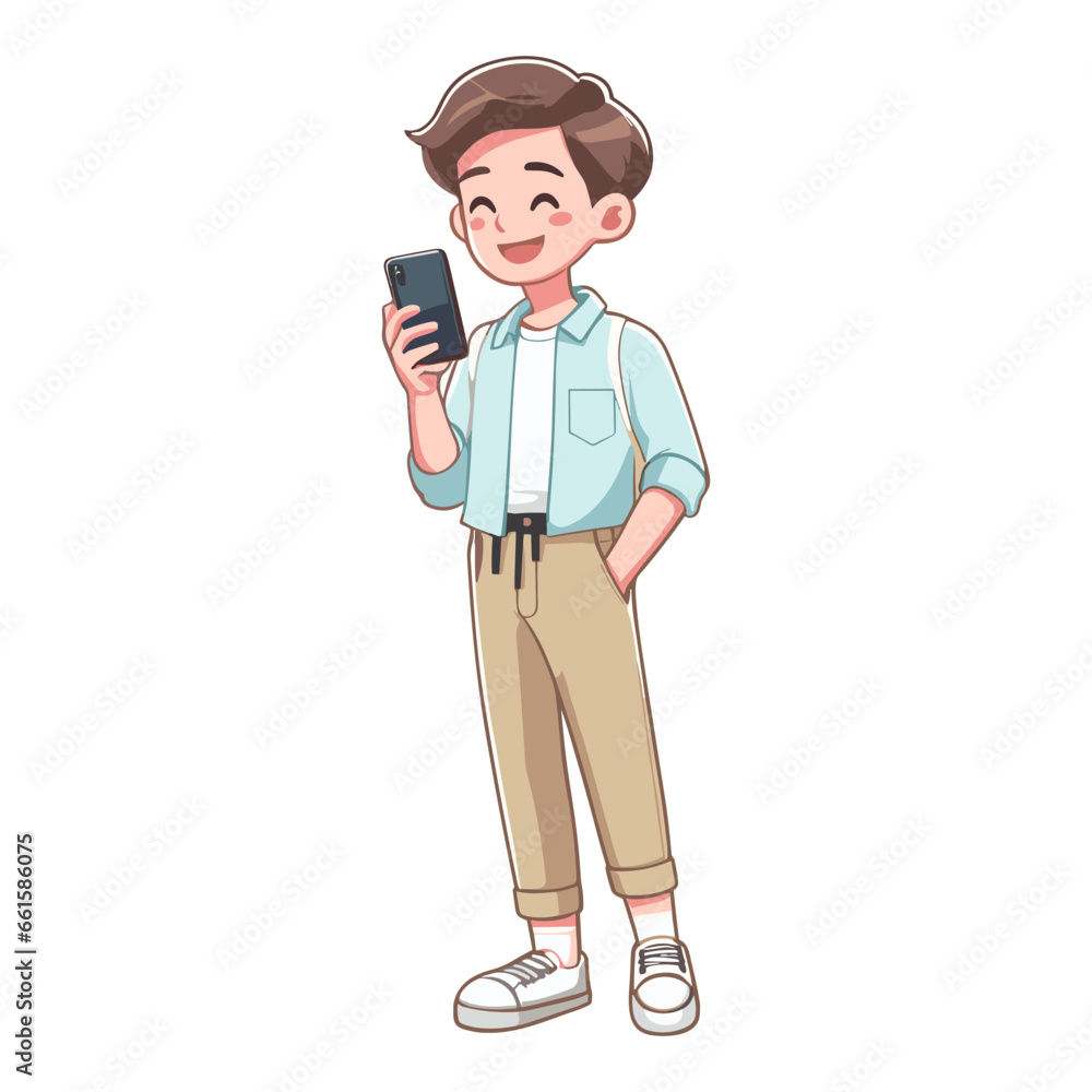 Character holding smartphone. People use mobile phones, chat, surf the internet. Flat vector illustration isolated on background.