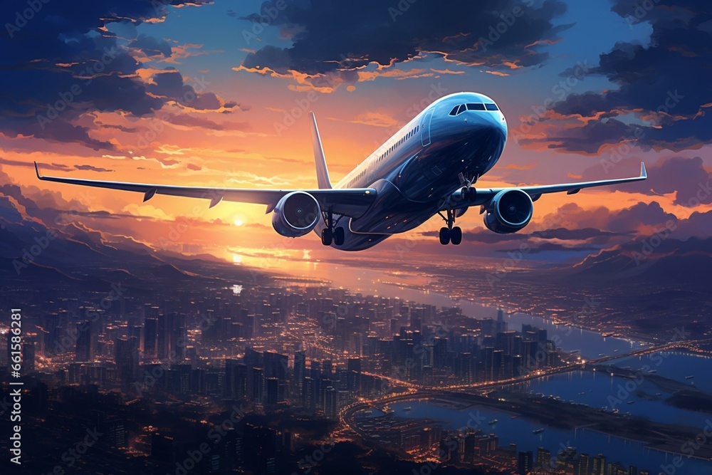 Twilight scene of an airplane taking off over a city panorama ...
