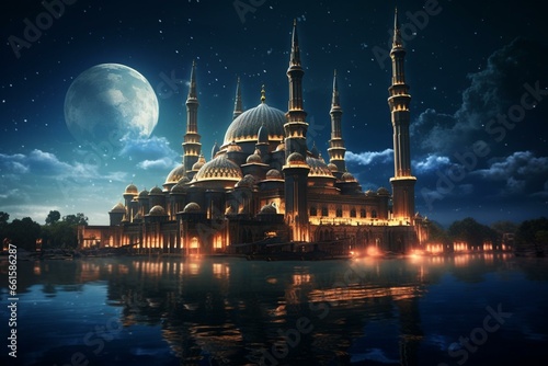 Nighttime mosque during Eid Mubarak festival. Generative AI