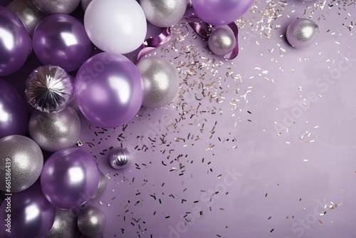 New Year's composition. Party hats, golden streamers, champagne flutes on a dreamy lavender velvet surface. Flat lay, top view. Copy space. Banner backdrop