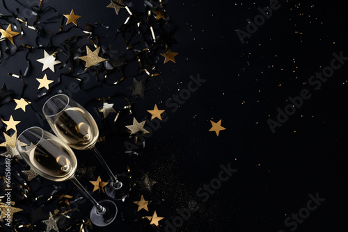 New Year's Eve composition. Champagne glasses, shimmering confetti, star - shaped decorations on a glossy ebony backdrop. Flat lay, top view. Copy space. Banner backdrop