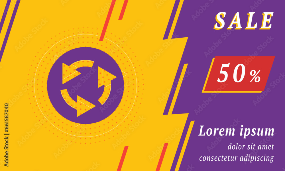 Sale promotion banner with place for your text. On the left is the roundabout sign. Promotional text with discount percentage on the right side. Vector illustration on yellow background Sale promotion banner with place for your text. On the left is the roundabout sign. Promotional text with discount percentage on the right side. Vector illustration on yellow background