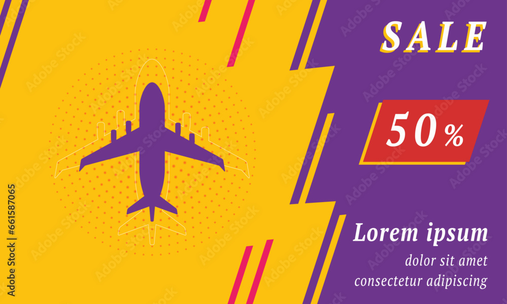 Sale promotion banner with place for your text. On the left is the airplane symbol. Promotional text with discount percentage on the right side. Vector illustration on yellow background