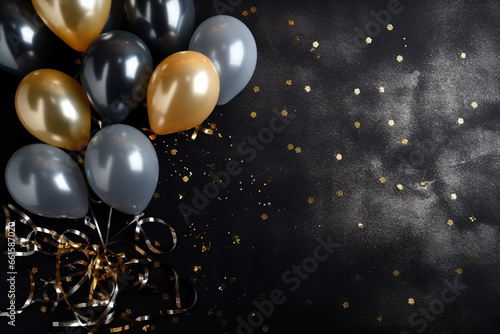 New Year s Eve composition. Festive balloons  golden tinsel  sparklers on a moonlit charcoal fabric. Flat lay  top view. Copy space. Banner backdrop