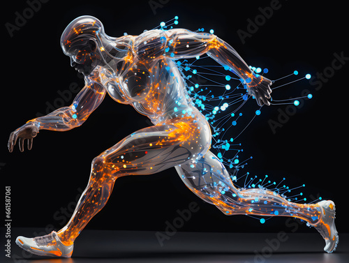 Silhouette of an athlete preparing for a run. Runner. A modern bulb that gives blinding black light, body consisting of many multi-circle pastel diamonds. Olympic Games Paris. Generative AI