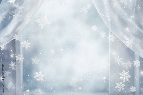 New Year's Eve composition. Icy snowflakes, twinkling fairy lights, plush velvet ribbons on frosted glass pane. Flat lay, top view. Copy space. Banner backdrop