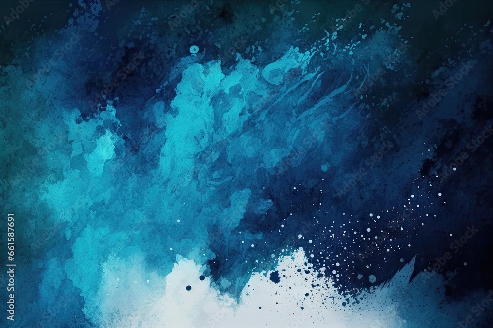 Abstract blue watercolor background with grunge brush strokes and splashes