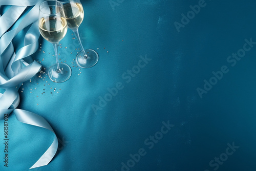 New Year's Eve composition. Silver streamers, party hats, champagne flutes on a captivating cerulean silk. Flat lay, top view. Copy space. Banner backdrop photo