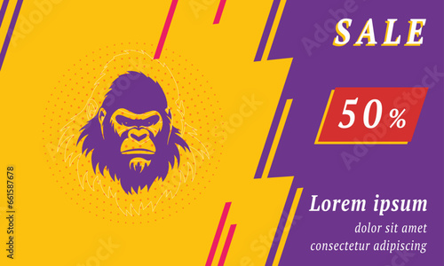 Sale promotion banner with place for your text. On the left is the gorilla head symbol. Promotional text with discount percentage on the right side. Vector illustration on yellow background