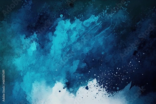 Abstract blue watercolor background with grunge brush strokes and splashes