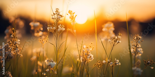 Vibrant Sunset over Idyllic Meadow with Wildflowers, lush garden soft focus blurry background - botanical backdrop for text overla, generative AI 