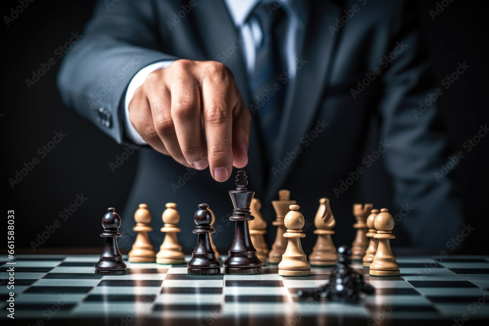 Man in business suit move chess figure on chessboard. Business strategy concept Man in business suit move chess figure on chessboard. Business strategy concept