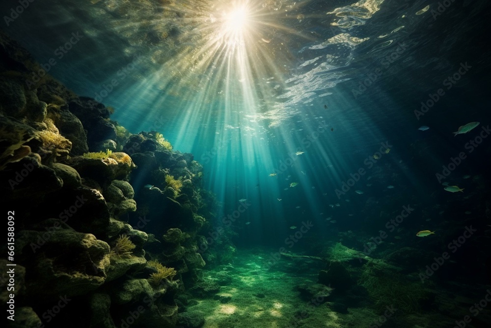 Stunning underwater photo with sunlight streaming from above. Generative AI