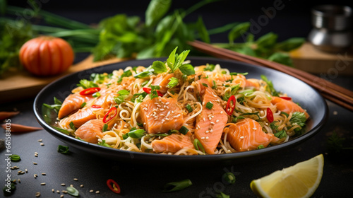 appetizing scene of salmon dry noodles a tantal, generative ai
