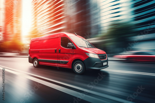 Delivery van driving at city street with motion blur effect. Commercial freight transportation
