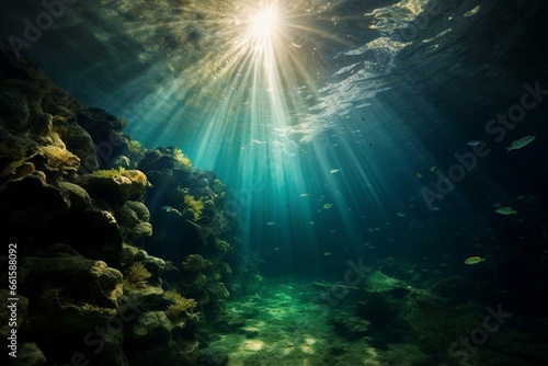 Stunning underwater photo with sunlight streaming from above. Generative AI