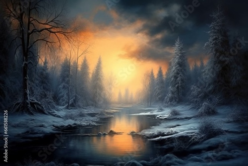 Stunning winter landscape. Imaginary creation. Generative AI © Verena