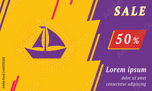 Sale promotion banner with place for your text. On the left is the sailing boat symbol. Promotional text with discount percentage on the right side. Vector illustration on yellow background