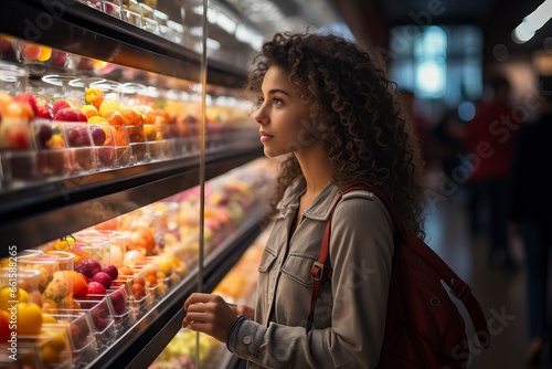 A girl looking at foods in a supermarket