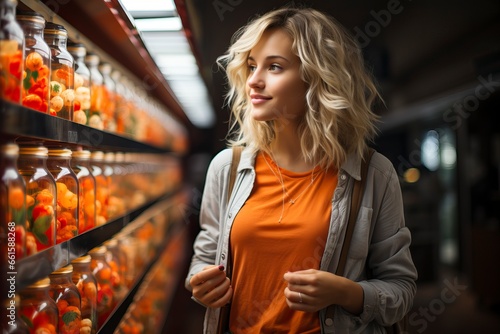 A girl looking at foods in a supermarket
