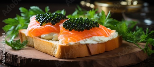 Rustic breakfast with caviar cheese and greens on toast Soft focus With copyspace for text