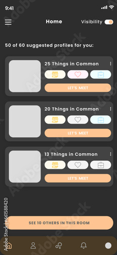 Social Media and Communication, Relationships, Friends and Dating Black Mobile App UI Kit Template
