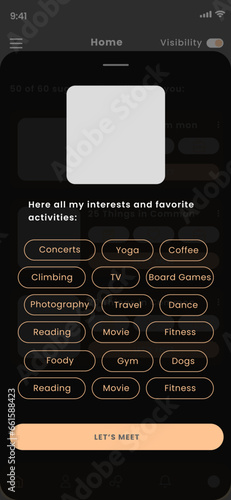 Social Media and Communication, Relationships, Friends and Dating Black Mobile App UI Kit Template