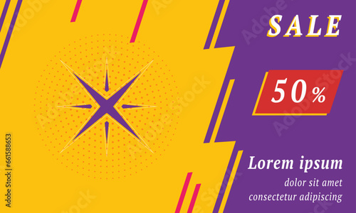 Sale promotion banner with place for your text. On the left is the star symbol. Promotional text with discount percentage on the right side. Vector illustration on yellow background