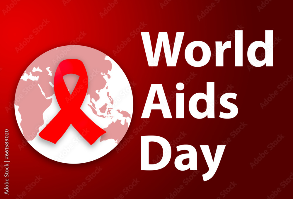 Illustration of World AIDS Day Red Banner Background with red ribbon and world map Illustration of World AIDS Day Red Banner Background with red ribbon and world map