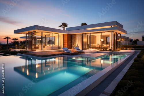 Minimalist cubic house exterior with swimming pool, modern country house, seaside holiday in modern villa, sunset view © pundapanda