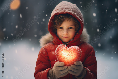 A child holding a glowing heart in a snowy night. Concept of kindness and help