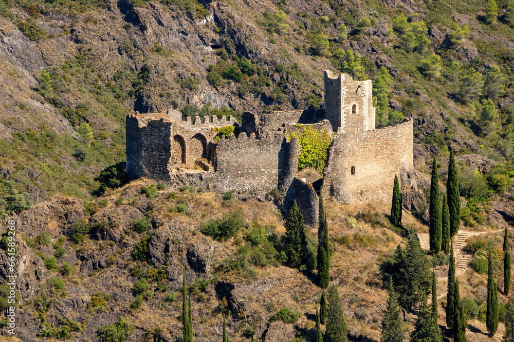 Cathar castles Châteaux de Lastours (in Occitan Lastors) seen from Mont Clergue
