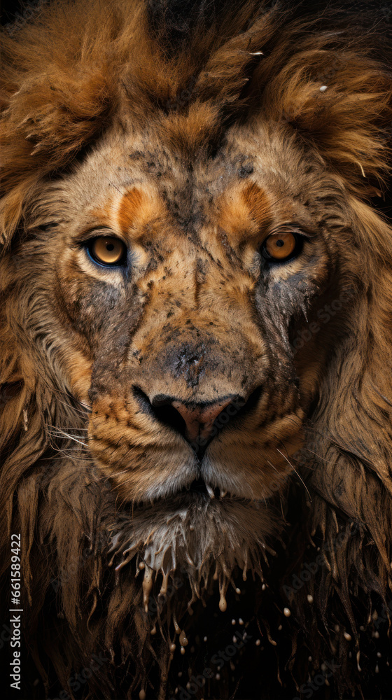 Fototapeta premium Portrait of a lion in the wild, close-up.