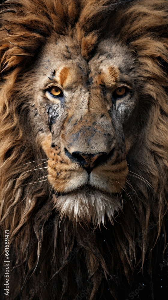 Portrait of a lion with big mane.