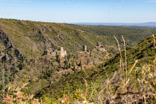 Cathar castles Châteaux de Lastours (in Occitan Lastors) seen from Mont Clergue 