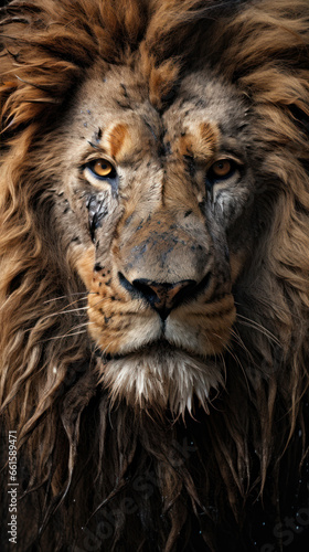 Portrait of a lion with big mane.