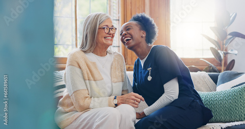 Senior patient, funny or happy caregiver talking for healthcare support at nursing home clinic. Smile, women laughing or nurse speaking of joke to a mature person or woman in a friendly conversation