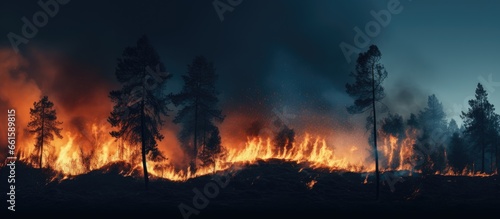 Nighttime forest fire summer wildfire burning nature horizontal banner photo